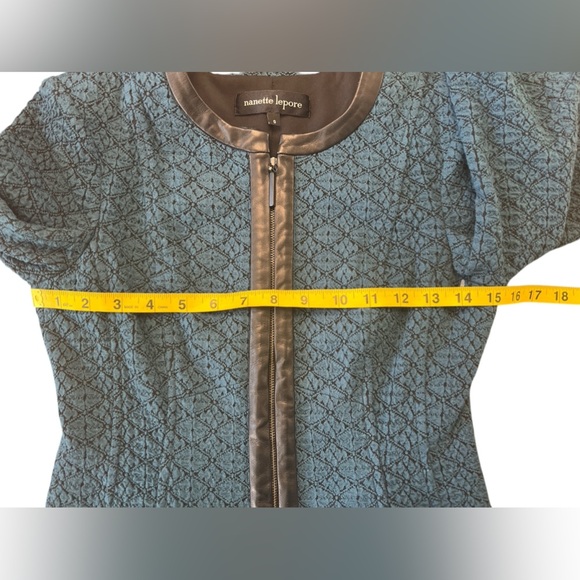 Nanette Lepore Secret Society Blue Jacquard Jacket Sz 0 NWT Leather Trim Flare - Picture 7 of 7